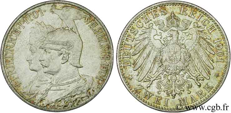 GERMANY - PRUSSIA 2 Mark Royaume de Prusse Guillaume II 200e anniversaire de la Prusse / aigle 1901 Berlin AU 