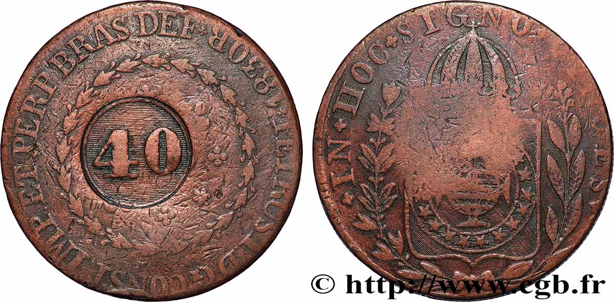 BRÉSIL 40 Réis Pierre II du Brésil contremarqué sur une 80 Réis 1830 (1835) Rio de Janeiro TB+ 