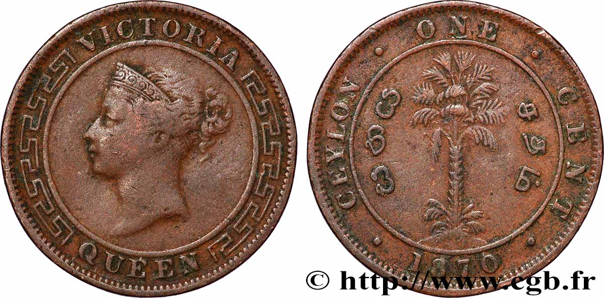 CEYLAN 1 Cent Victoria 1870 Calcutta TB+ 