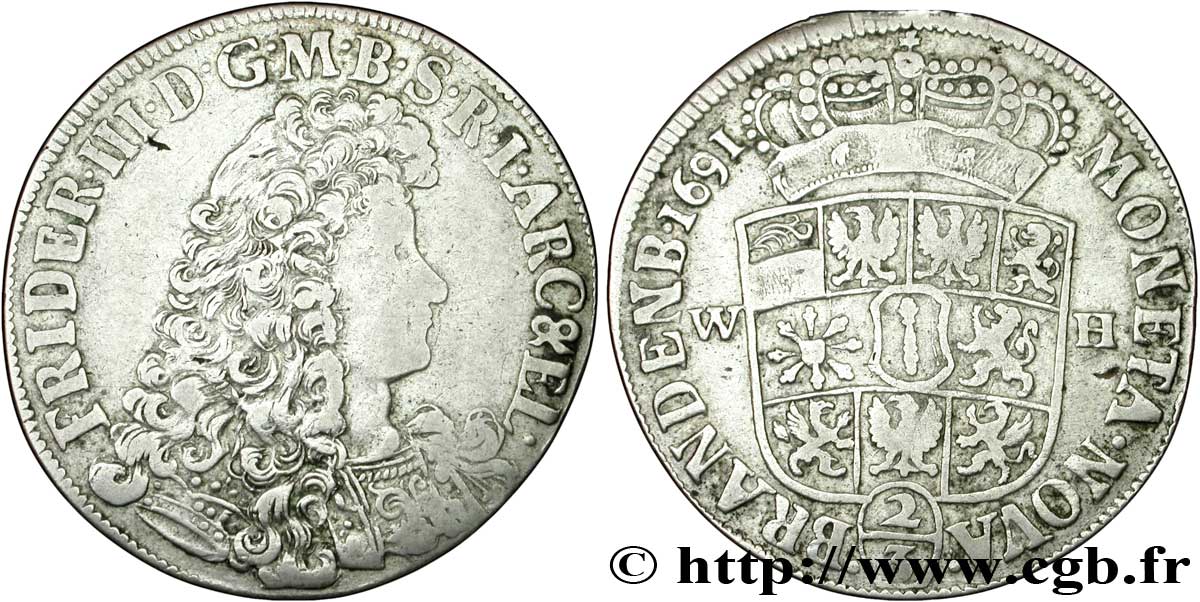 GERMANIA 2/3 Thaler Electorat de Brandebourg, Frédéric III / armes LCS 1691 Minden q.BB 