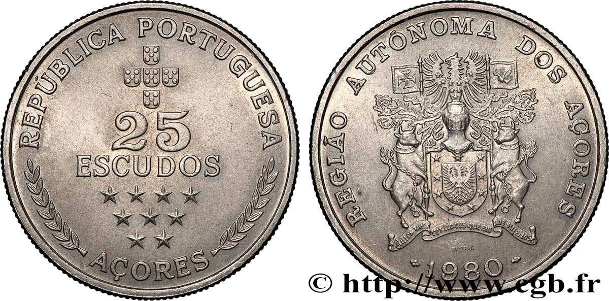 AZOREN 25 Escudos emblème 1980 Lisbonne VZ 