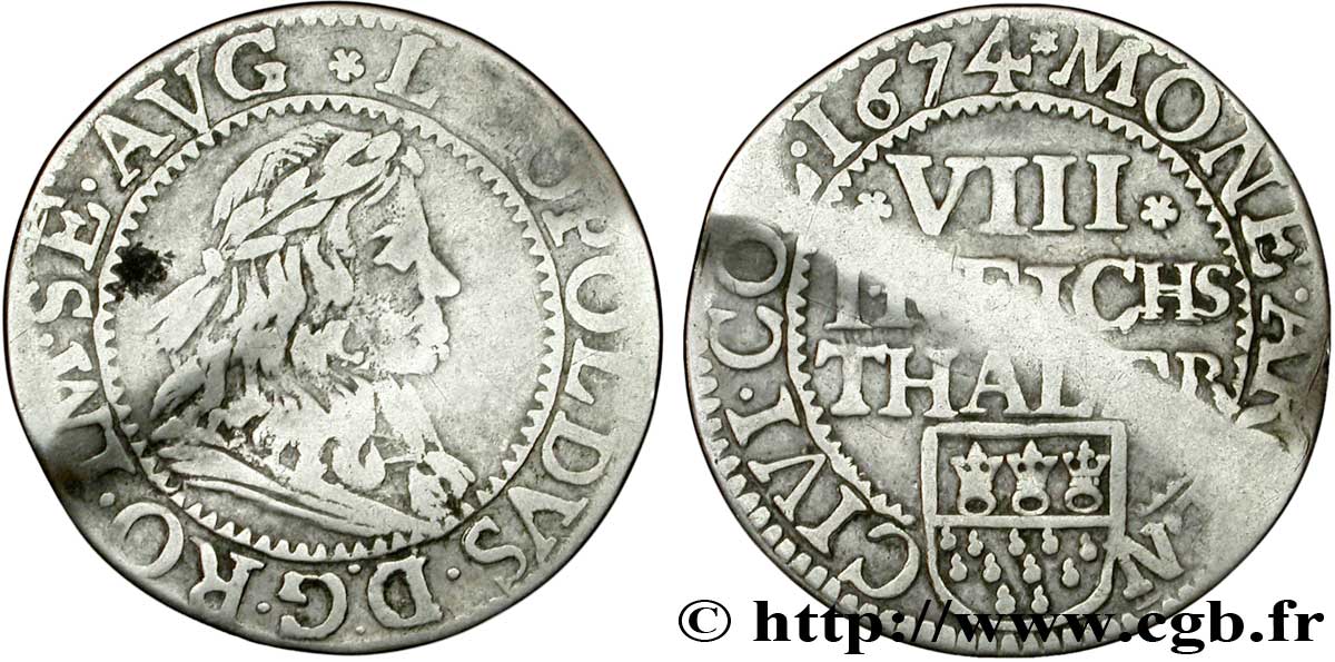 ALEMANIA - COLONIA 1/8 Thaler ville libre de Cologne Léopold d’Autriche / armes de la ville 1674  BC 