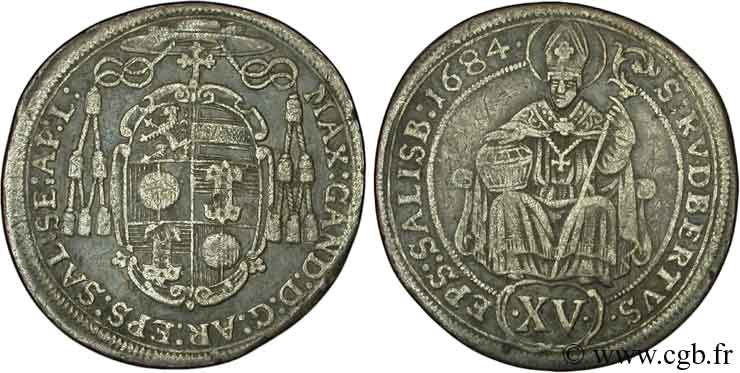 AUSTRIA - SALZBURGO 15 Kreuzer Archevéché de Salzbourg frappé au nom de Maximilien Gandolph / St Rupert assis 1684  MBC 