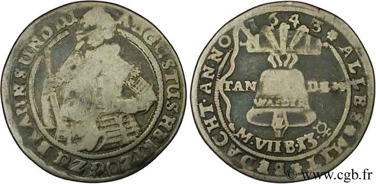 ALEMANIA - WOLFENBUTTEL 1/2 Thaler Duché de Brunswick-Wolfenbuttel Auguste II en armure / cloche 1643 Konigsberg BC+ 