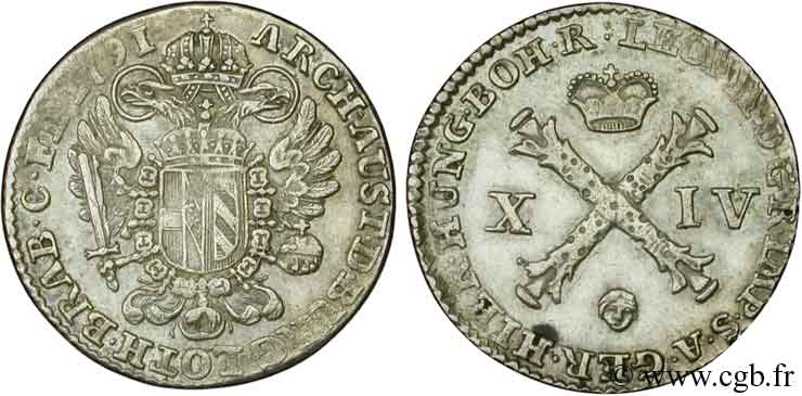 BÉLGICA - PAíSES BAJOS AUSTRíACOS 14 Liards Pays-Bas Autrichiens frappe au nom de Léopold II / armes 1791 Bruxelles BC+ 