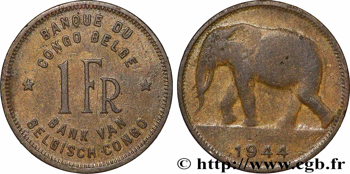 CONGO BELGE 1 Franc éléphant 1944 Pretoria TB 