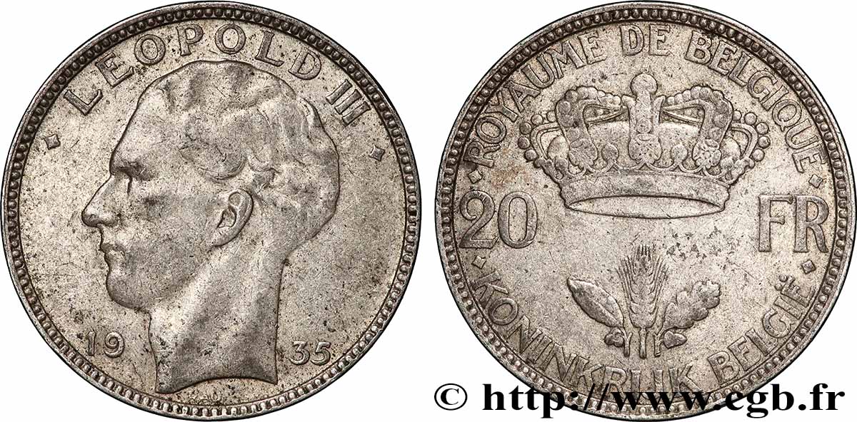 BELGIQUE 20 Francs Léopold III tranche position A 1935 Bruxelles TB+ 