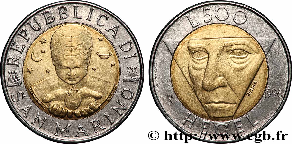 SAINT-MARIN 500 Lire philosophe Hegel 1996 Rome - R SUP 