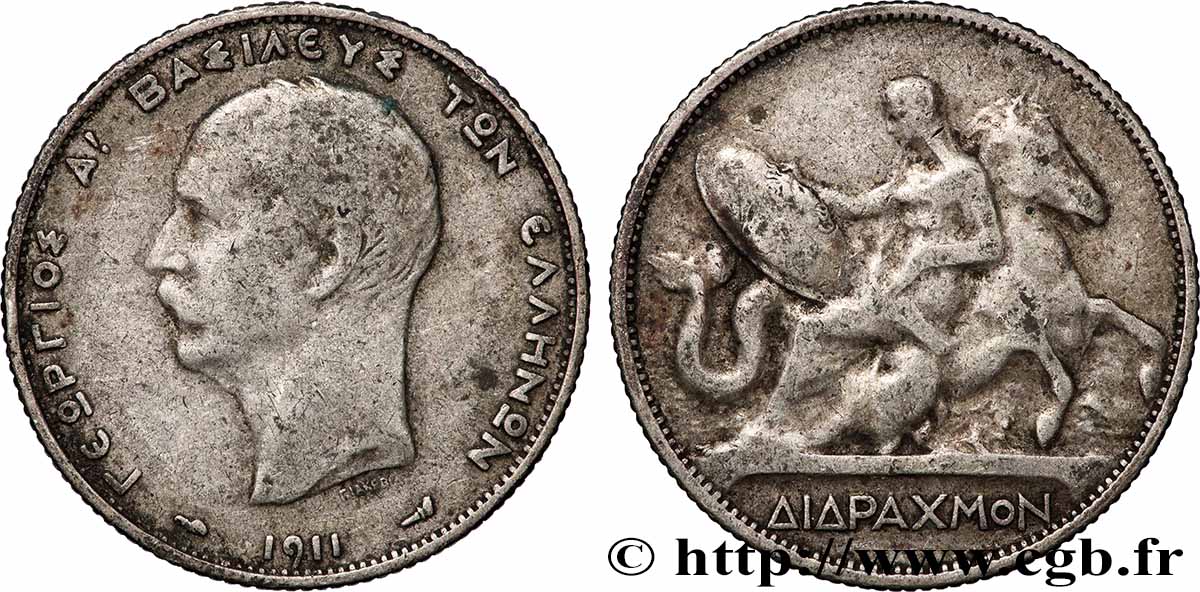 GRÈCE 2 Drachmes Georges Ier 1911 Paris TB+ 