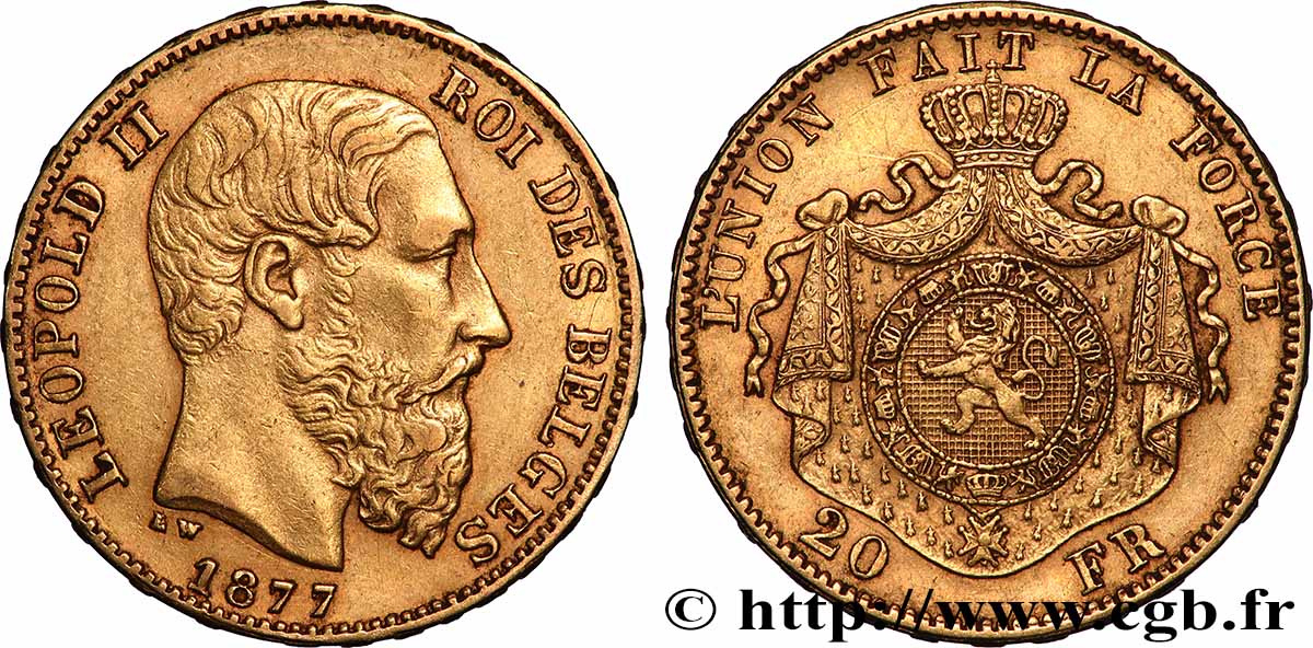 GOLD, PALLADIUM & PLATINUM INVESTMENT 20 Francs Léopold II 1877 Bruxelles AU 