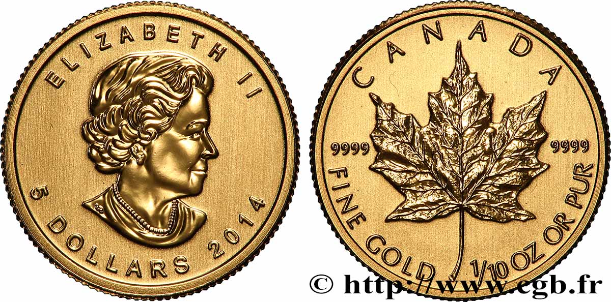 GOLD, PALLADIUM & PLATINUM INVESTMENT 5 Dollars or &nbsp;mapple leaf&nbsp; 2014  MS 