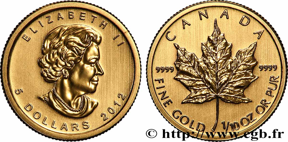 GOLD, PALLADIUM & PLATINUM INVESTMENT 5 Dollars or &nbsp;mapple leaf&nbsp; 2012  MS 