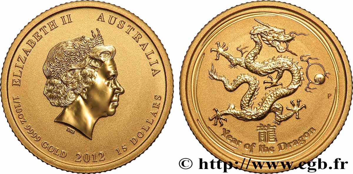 GOLD, PALLADIUM & PLATINUM INVESTMENT 15 Dollars Proof (1/10 Once) Année du Dragon 2012 Perth MS 