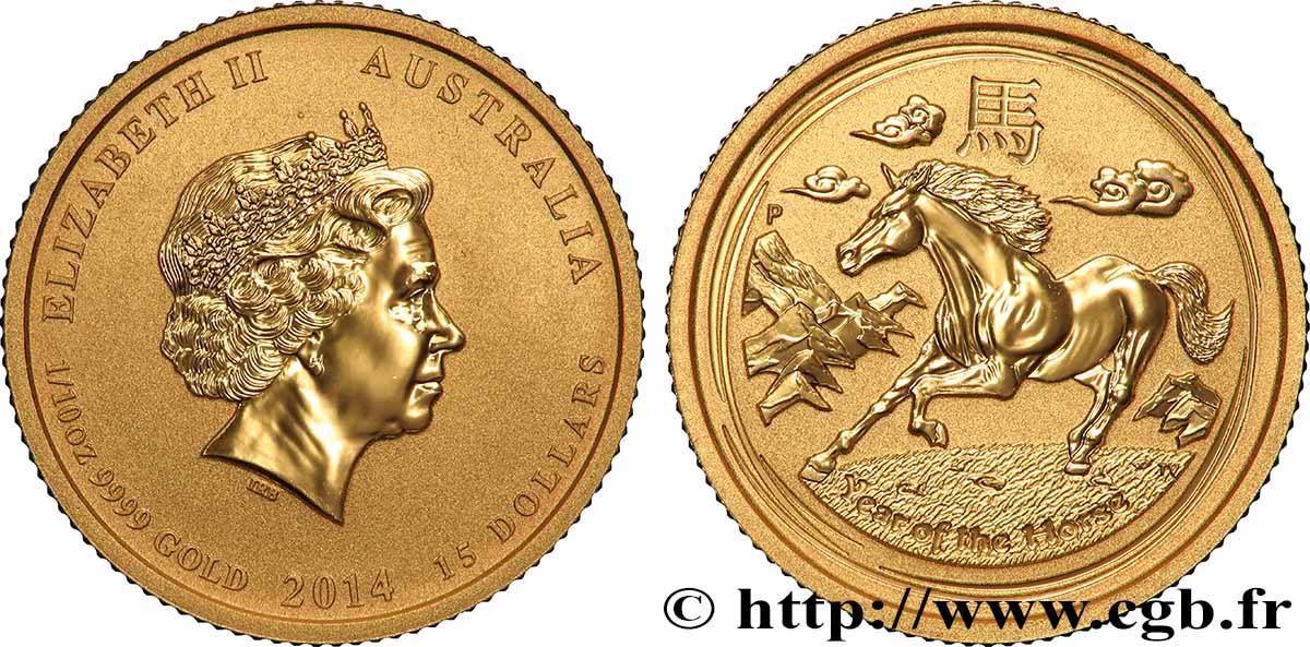 GOLD, PALLADIUM & PLATINUM INVESTMENT 15 Dollars Année du Cheval 2014 Perth MS 