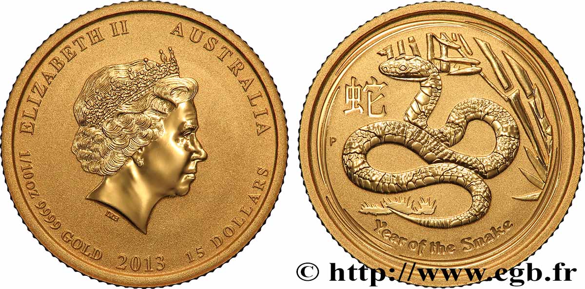 GOLD, PALLADIUM & PLATINUM INVESTMENT 15 Dollars Proof (1/10 Once) Année du Serpent 2013 Perth MS 