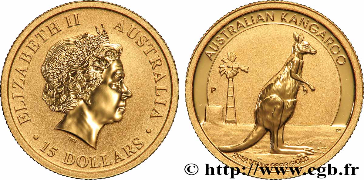 GOLD, PALLADIUM & PLATINUM INVESTMENT 15 Dollars Kangourou 2012 Perth MS 