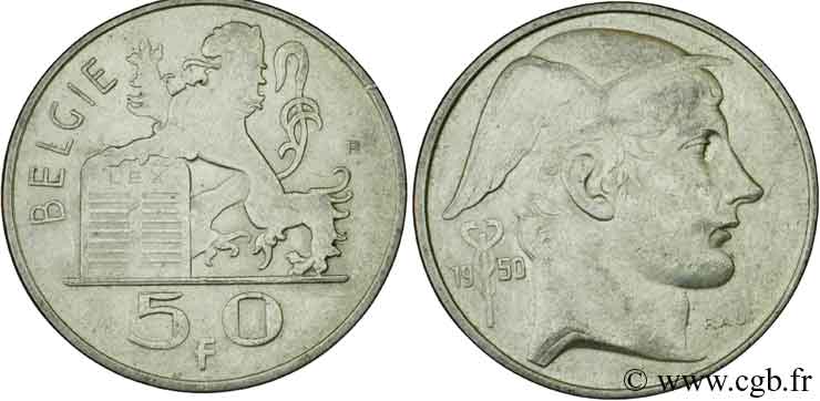 BELGIEN 50 Francs lion posé sur les tables de la loi / Mercure légende flamande 1950  VZ 