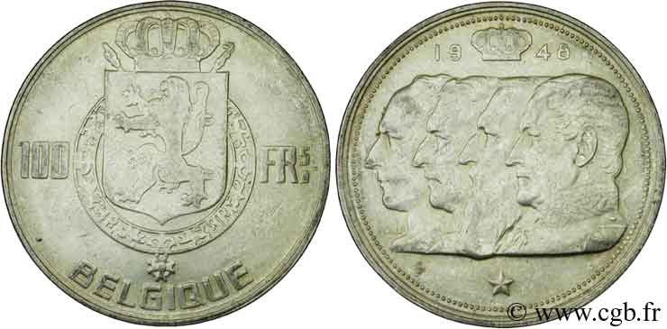 BELGIQUE 100 Francs bustes des quatre rois de Belgique, légende française 1948  SUP 