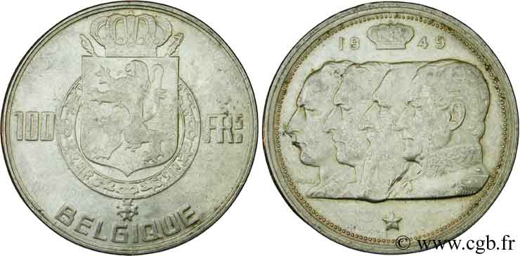 BELGIEN 100 Francs armes au lion / portraits des quatre rois de Belgique, légende française 1949  VZ 