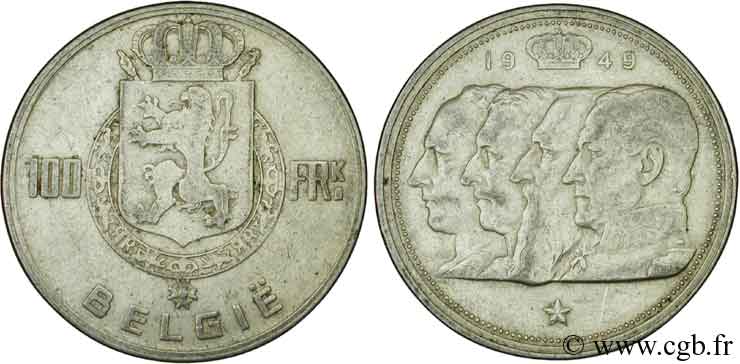 BELGIQUE 100 Francs armes au lion / portraits des quatre rois de Belgique, légende flamande 1949  TTB+ 