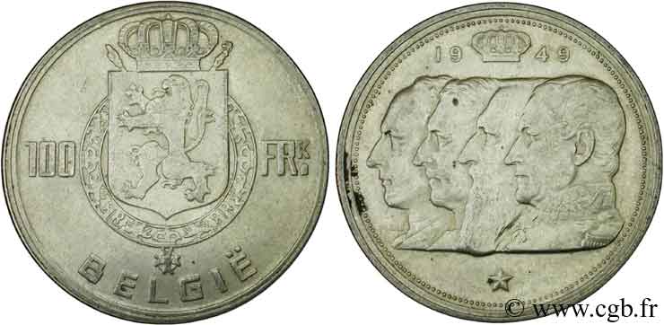 BELGIEN 100 Francs armes au lion / portraits des quatre rois de Belgique, légende flamande 1949  VZ 