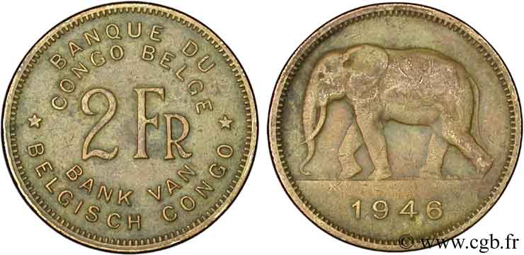 BELGA CONGO 2 Francs éléphant 1946  MBC 