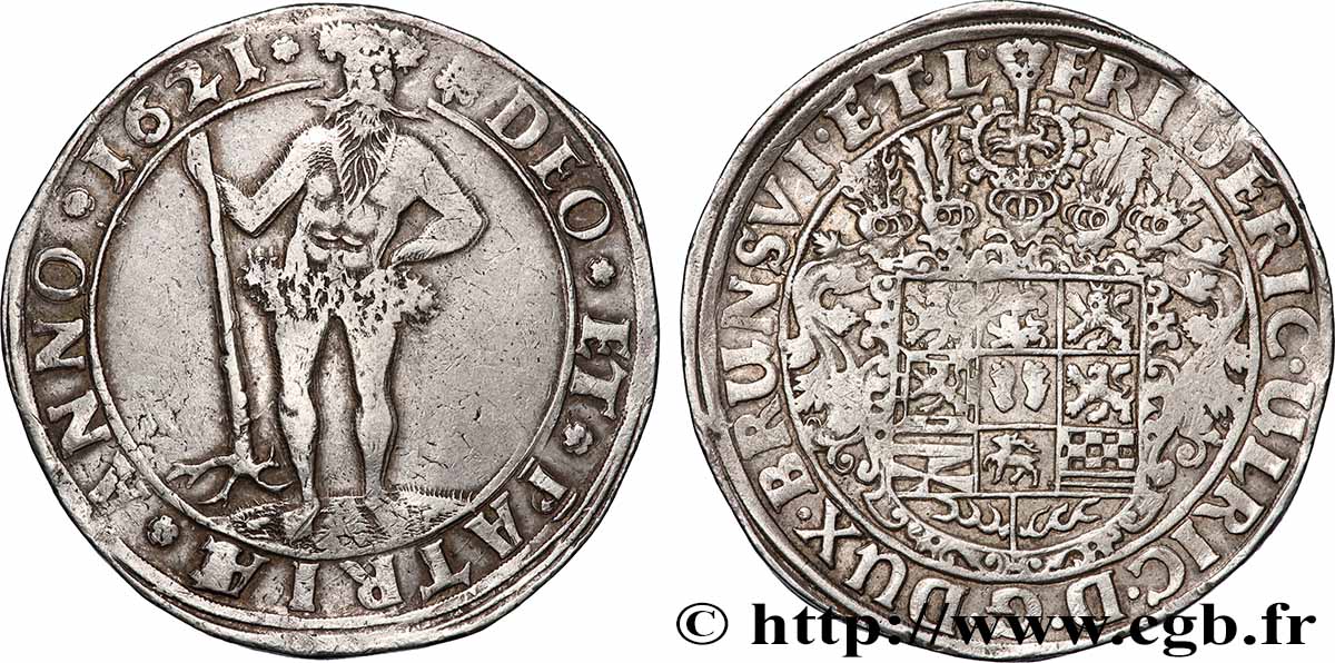 ALLEMAGNE - DUCHÉ DE BRUNSWICK- WOLFENBUTTEL - FRÉDÉRIC-ULRICH Thaler 1621 Zellerfeld TTB+/TTB 
