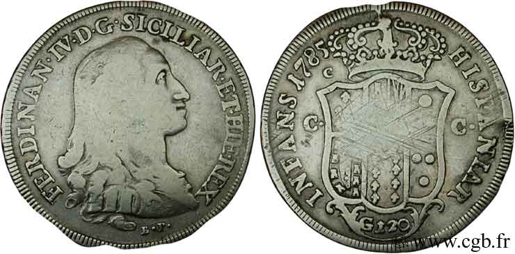 ITALIA - REGNO DI NAPOLI 120 Grana Royaume de Naples et Sicile Ferdinand IV de Bourbon / armes 1785 Naples MB 