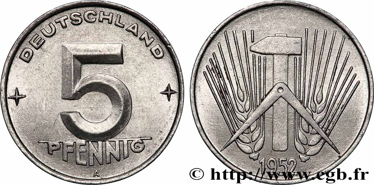 ALLEMAGNE RÉPUBLIQUE DÉMOCRATIQUE 5 Pfennig épis, marteaux et compas type Deutschland 1952 Berlin SUP 