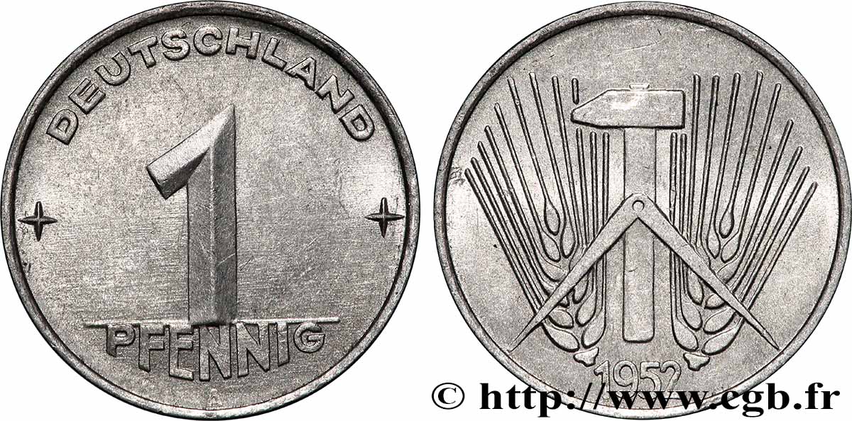 ALLEMAGNE RÉPUBLIQUE DÉMOCRATIQUE 1 Pfennig type Deutschland 1952 Berlin TTB+ 