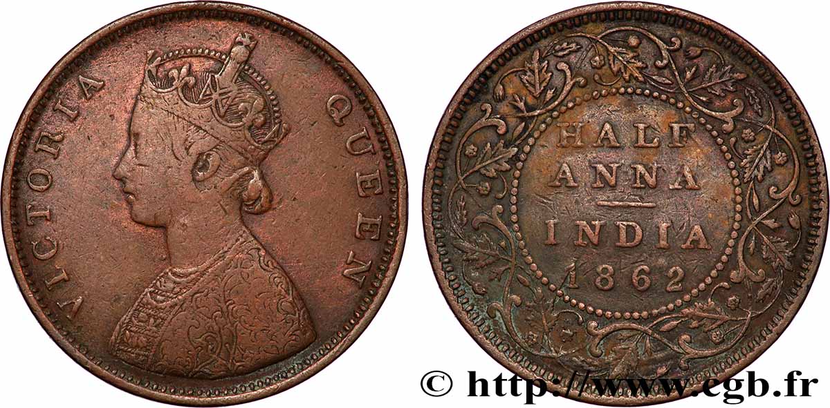 INDES BRITANNIQUES 1/2 Anna Victoria 1862 Bombay TB 