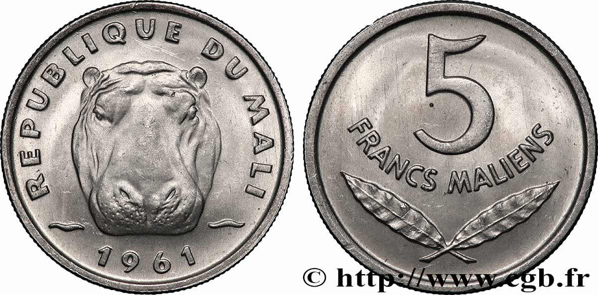 MALI 5 Francs Malien hippopotame 1961  SPL 