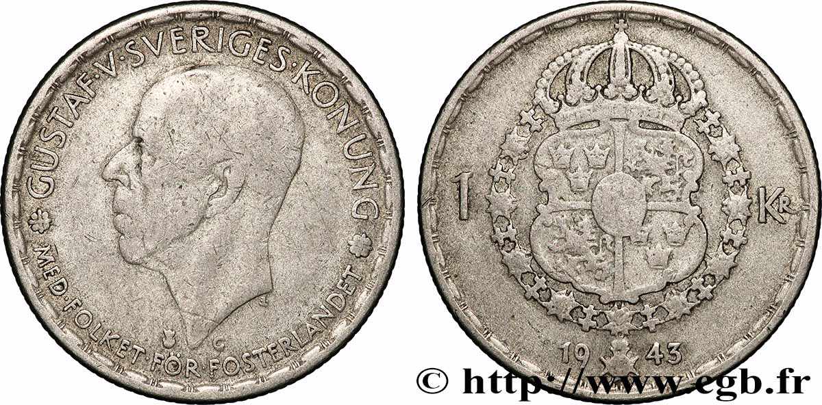 SVEZIA 1 Krona Gustave V  1943  q.BB 