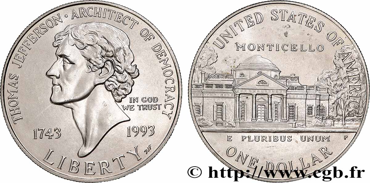UNITED STATES OF AMERICA 1 Dollar Jefferson 1993 Philadelphie MS 