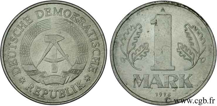 ALLEMAGNE RÉPUBLIQUE DÉMOCRATIQUE 1 Mark emblème de la RDA 1975 Berlin TTB+ 