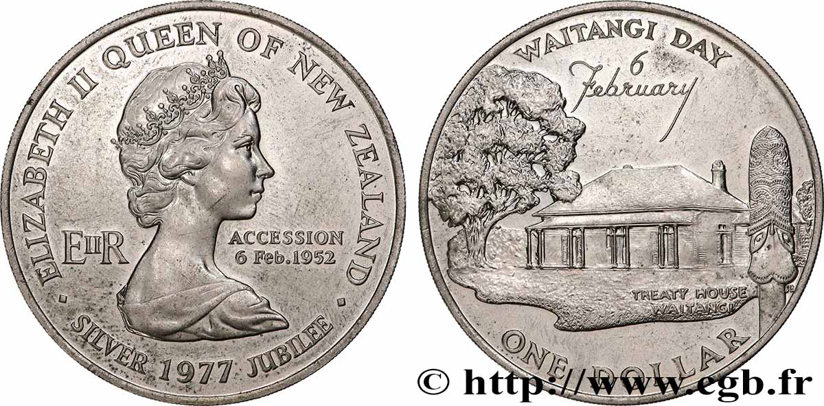NEUSEELAND 1 Dollar 25e anniversaire de l’accession d’Elisabeth II et Waitangi Day 1977  fST 