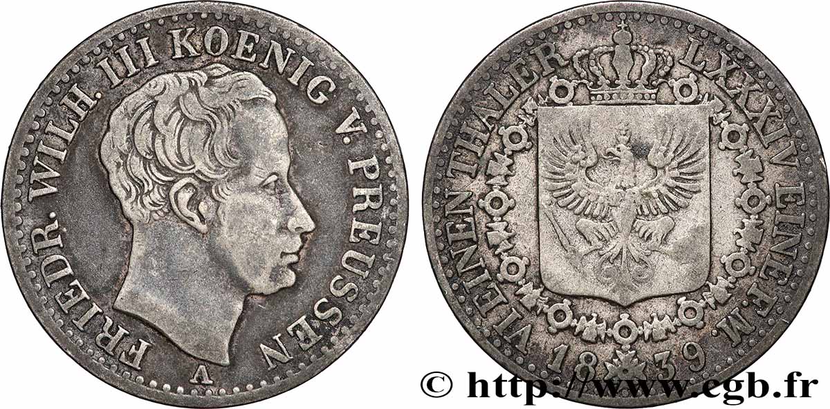 ALLEMAGNE - ROYAUME DE PRUSSE - FRÉDÉRIC-GUILLAUME III 1/6 Thaler  1839 Berlin TB+ 