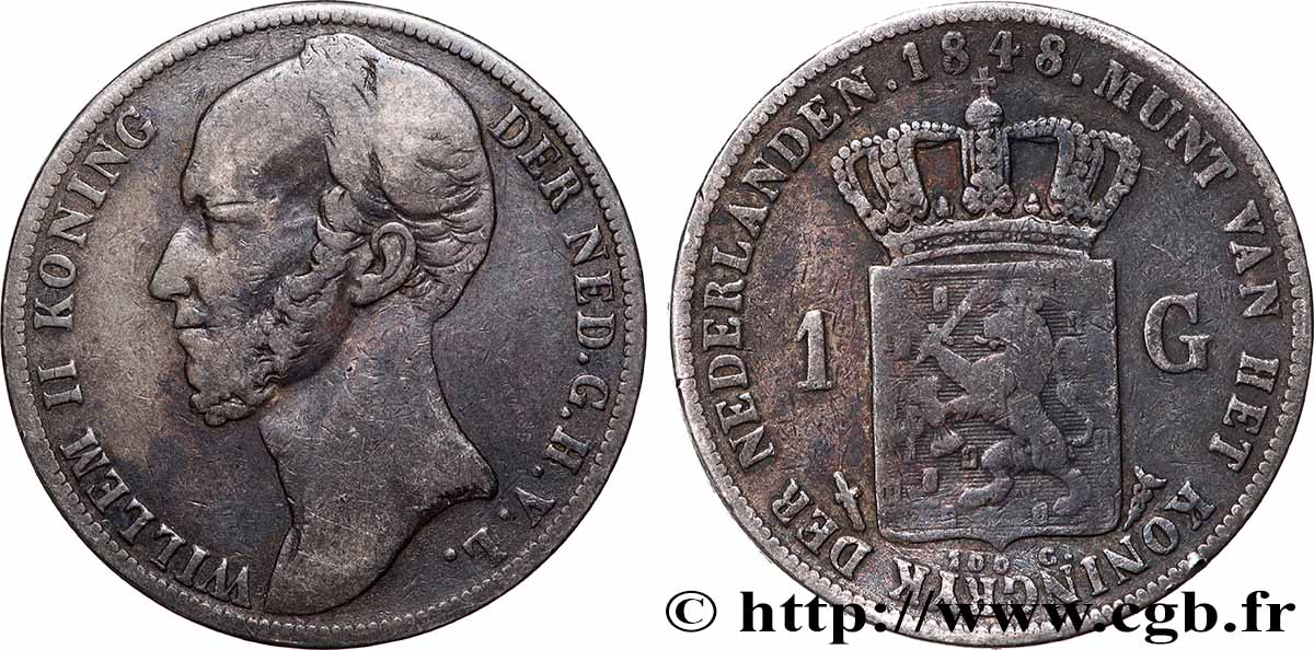 NETHERLANDS 1 Gulden Guillaume II 1848 Utrecht VF 