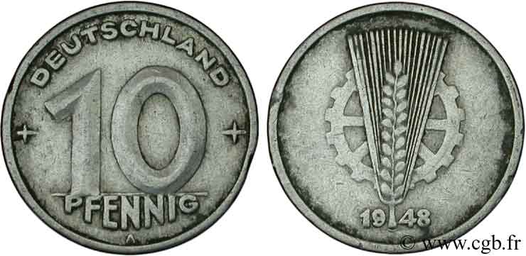 GERMAN DEMOCRATIC REPUBLIC 10 Pfennig engrenage et épi type Deutschland 1948 Berlin VF 