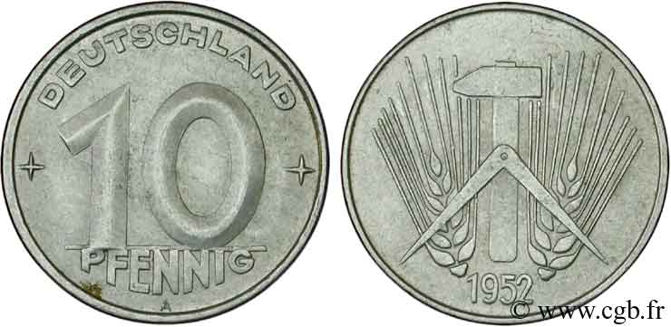 ALLEMAGNE RÉPUBLIQUE DÉMOCRATIQUE 10 Pfennig épis, marteaux et compas type Deutschland 1952 Berlin SUP 