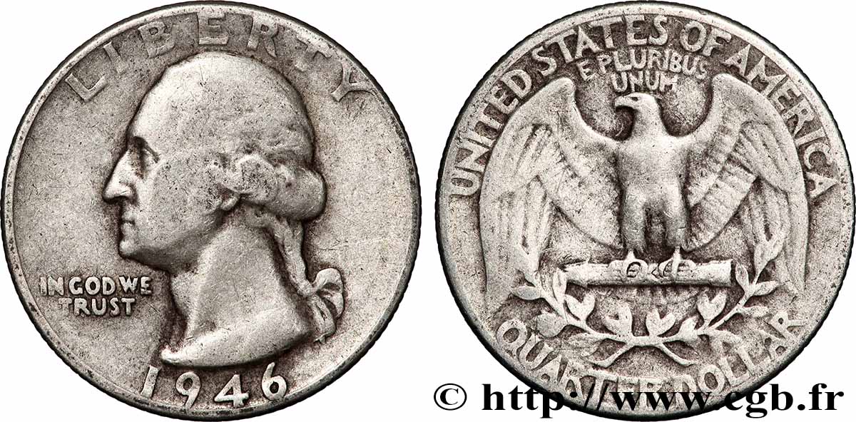 ÉTATS-UNIS D&nbsp;AMÉRIQUE 1/4 Dollar Georges Washington 1946 Philadelphie TB+ 