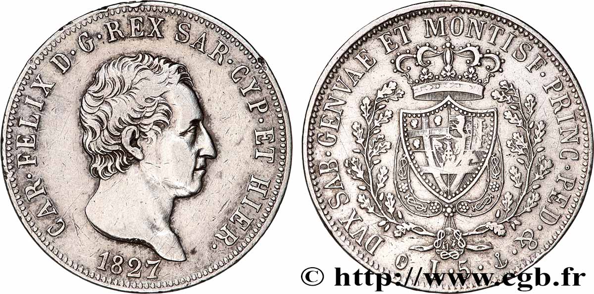 ITALIA - REINO DE CERDEÑA  - CARLO FÉLIX 5 Lire  1827 Gênes MBC 