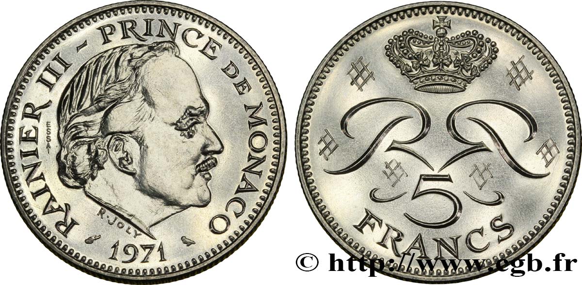 MONACO 5 Francs Rainier III / monogramme couronné 1971 Paris VZ 