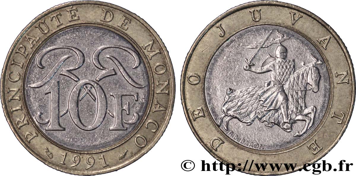 MONACO 10 Francs monogramme de Rainier III / chevalier en armes 1991 Paris MBC 