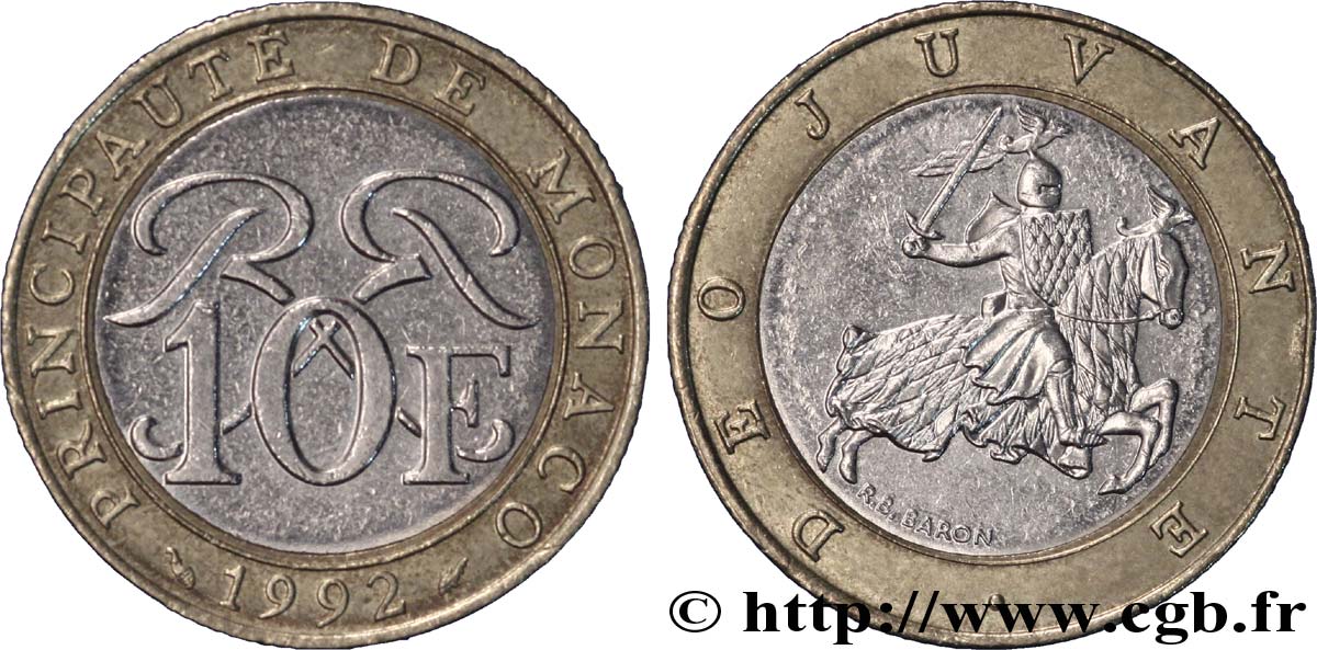MONACO 10 Francs Rainier III 1992 Paris XF 