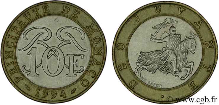 MONACO 10 Francs monogramme de Rainier III / chevalier en armes 1994 Paris fVZ 