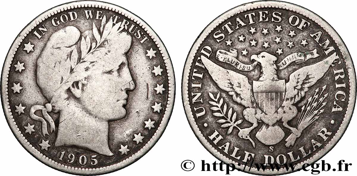 UNITED STATES OF AMERICA 1/2 Dollar Barber 1905 San Francisco VF 