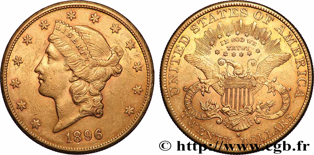 GOLD, PALLADIUM & PLATINUM INVESTMENT 20 Dollars &nbsp;Liberty&nbsp; 1896 San Francisco AU 