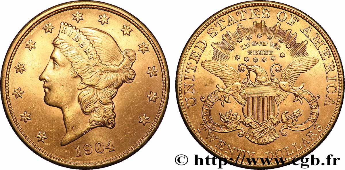 GOLD, PALLADIUM & PLATINUM INVESTMENT 20 Dollars &nbsp;Liberty&nbsp; 1904 Philadelphie AU 