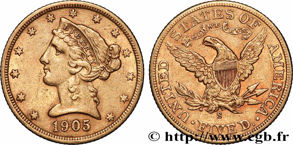 GOLD-, PALLADIUM- UND PLATIN-INVESTITIONEN 5 Dollars &nbsp;Liberty&nbsp; 1905 San Francisco SS 